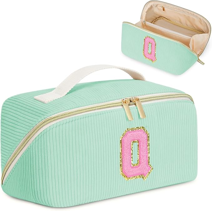 Personalized Initial Makeup Bag,Christmas Gifts for Girl,Preppy Bag Cosmetic Travel Bag Women,Travel Toiletry Organizer,Large Capacity Corduroy Stuff Bag,Cute Cosmetic Pouch Skincare Bag-Q