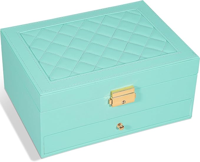 GUOER Jewelry Box for Women Girl Wife - Large PU Leather Jewelry Organizer Storage Case with Two Layers Display for Earrings Bracelets Rings Watches (Teal)