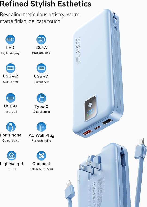 Portable Charger, 12000mAh 22.5W Fast Charging Power Bank with Built-in Cables & Wall Plug, Travel Essentials Battery Pack with LED Display, USB C External Battery Bank for iPhone iPad, Samsung Blue