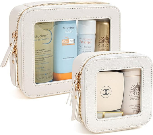 KOTORA Small Makeup Bag for Purse Cute Travel Makeup Bag Clear Cosmetic Bag with Zipper, Car Make Up Bag Organizer Storage Traveling Car Accessories Travel Essentials for Women (White)