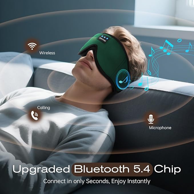 3D Sleep Mask with Bluetooth Headphones, Sleeping Headphones for Side Sleepers, Wireless Music Eye Mask with Ultra-Thin Stereo Speakers for Men, Women, Tech Gifts, Deep Green
