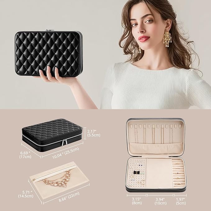 Lolalet Travel Jewelry Case for Women Girls, Travel Jewelry Organizer Box with Mirror & Clear Storage Bag, Small Portable Earring Necklace Bracelet Ring Case, Birthday Christmas Gifts -Large, Black