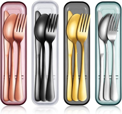 Yinkin 4 Pack Portable Travel Utensils Set with Case Reusable Stainless Steel Silverware Flatware Camping Cutlery Include Fork Spoon Knife for Work School Dishwasher Safe(Clear Series)