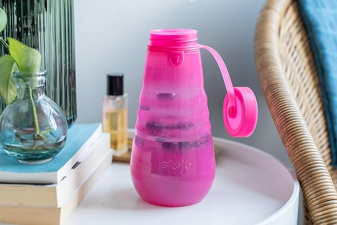 STOJO Collapsible Sports Water Bottle - Leak-Proof Reusable Silicone Travel Cup for Hot & Cold Drinks - Microwave & Dishwasher Safe - AS SEEN ON TODAY SHOW - Parent (Translucent Hot Pink)