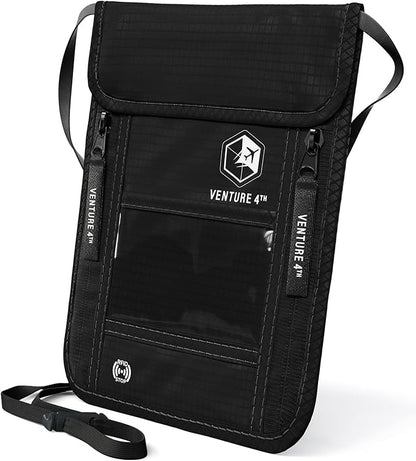 VENTURE 4TH Neck Wallet, RFID Blocking Passport Holder for Travel – Hidden Neck Pouch with 6 Compartments, Slim Lightweight Organizer with Adjustable Strap for Cash, Cards & Passport (Pure Black)
