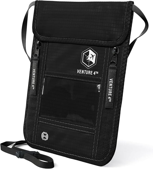 VENTURE 4TH Neck Wallet, RFID Blocking Passport Holder for Travel – Hidden Neck Pouch with 6 Compartments, Slim Lightweight Organizer with Adjustable Strap for Cash, Cards & Passport (Pure Black)