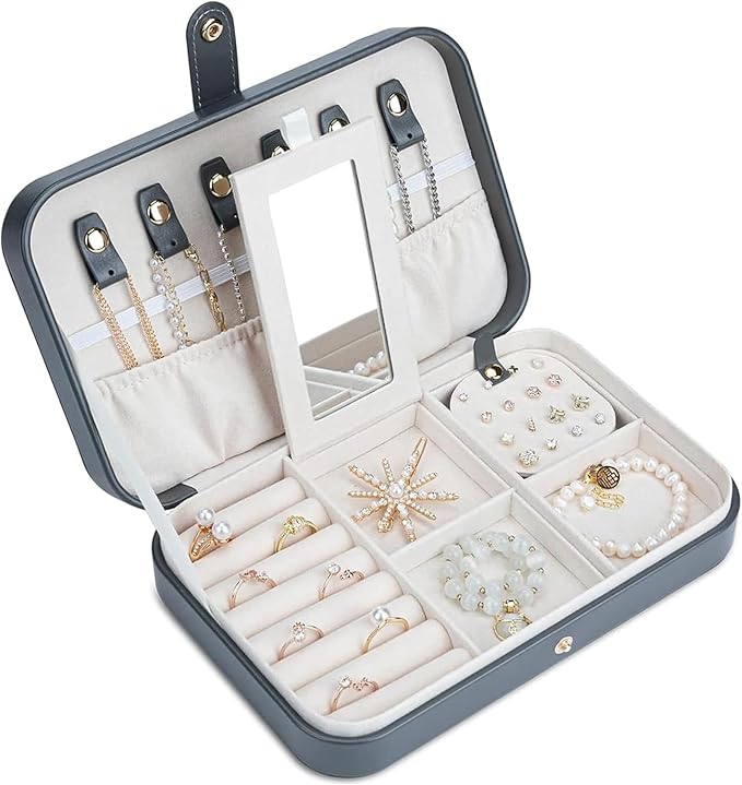 2-Layer Travel Jewelry Box for Women, Portable Jewelry Organizer with Mirror & Removable Dividers, PU Leather Jewelry Case – Gift for Wife, Mom, Girlfriend (Gray White)