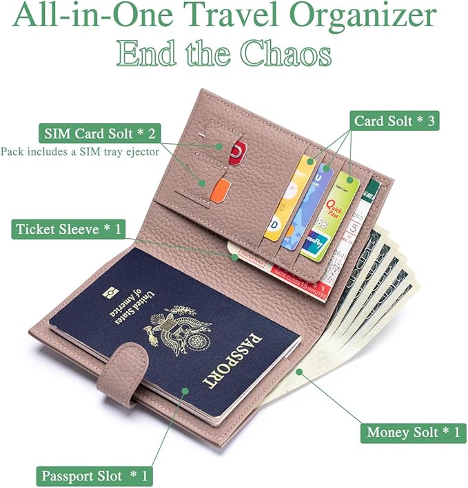RFID Blocking Passport Holder for Travel Women – Leather Passport Holder for Men with Card Slots, Coin Wallet & SIM Slot – Slim Genuine Leather Travel Organizer – Mauve Pink