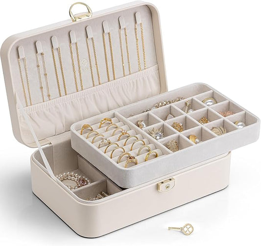 Vlando Jewelry Box Organizer for Women Girls, 2 Layer Jewelry Case with Lock,Jewelry Storage Earrings Necklace,Rings,Gift for Teachers Wedding Birthday Gifts-Cream White