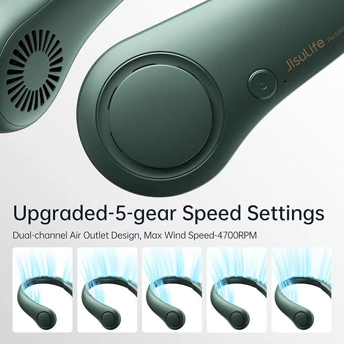 JISULIFE Portable Neck Fan, Hands Free Bladeless Fan, 5 Speeds, 4000 mAh Battery Operated Wearable Personal Fan, Twistable, Rechargeable, Gift for Women Men-Dark Green