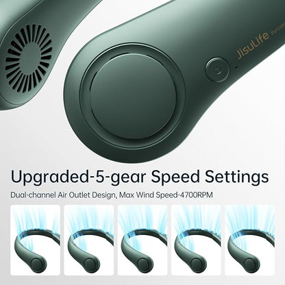 JISULIFE Portable Neck Fan, Hands Free Bladeless Fan, 5 Speeds, 4000 mAh Battery Operated Wearable Personal Fan, Twistable, Rechargeable, Gift for Women Men-Dark Green