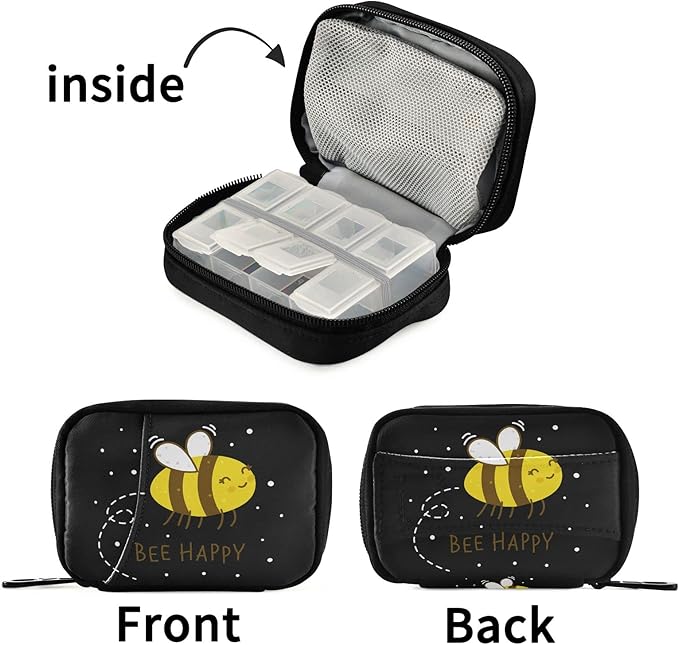 Fustylead Bee Happy Pill Organizer Case Zipper for Purse with Removable Weekly Pill Box for Medicine, Vitamin, Supplement Medicine Organizer