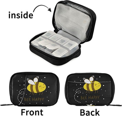 Fustylead Bee Happy Pill Organizer Case Zipper for Purse with Removable Weekly Pill Box for Medicine, Vitamin, Supplement Medicine Organizer