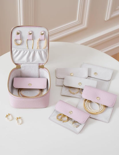 Popvibe Small Jewelry Box Portable Jewelry Case Travel Jewelry Organizers and Storage with 6 Mini Pouch Jewelry Bags, Pink Traveling Jewelry Case for Women