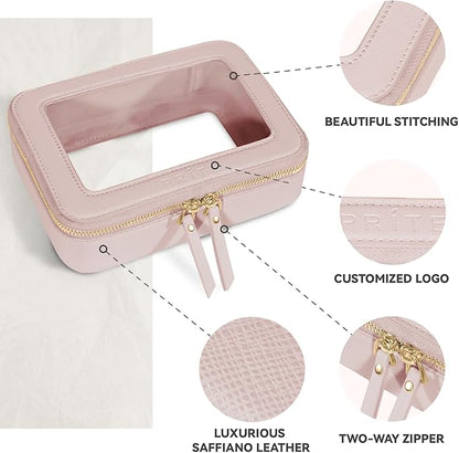 Prite Clear Makeup Bag Cosmetic Organizer Case Waterproof Travel Toiletry Bag Skincare Pouch with Golden Zipper(Pearlescent Pink)