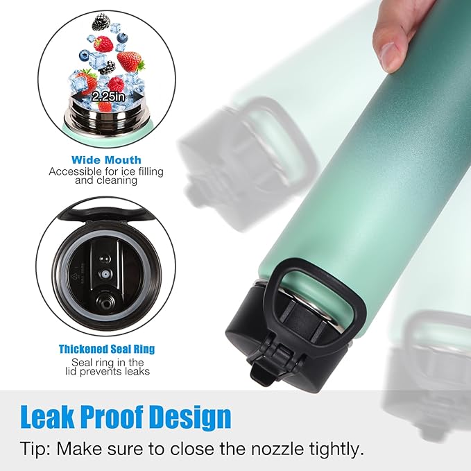 Volhoply 24oz Insulated Water Bottle With Straw Bulk 3 Pack,Metal Wide Mouth Water Bottles With Handle Lid Keep Cold,Reusable Double Wall Cups,Powder Coated Sport Bottle For Holder(Mojito,3 Count)