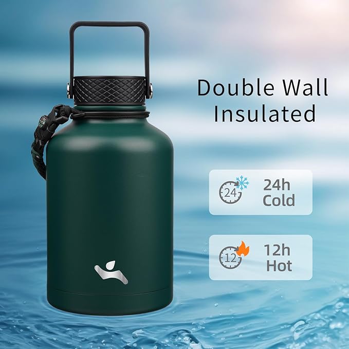 Insulated Water Bottle with Straw,50 oz 3 Lids Water Jug with Carrying Bag,Paracord Handle,Double Wall Vacuum Stainless Steel Metal Flask,Dark Green