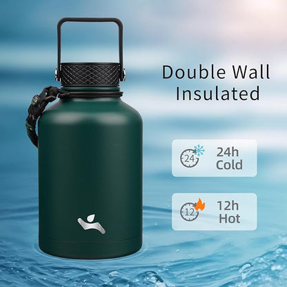 Insulated Water Bottle with Straw,50 oz 3 Lids Water Jug with Carrying Bag,Paracord Handle,Double Wall Vacuum Stainless Steel Metal Flask,Dark Green