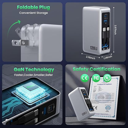 120W USB C Charger Block with 2 Built-in Retractable Cables,4-in-1 GaN IV Foldable Plug Wall Charger Fast Charging Station,PD 65W Laptop Adapter for MacBook/iPad,iPhone 17/16/15/14,Galaxy,Android etc