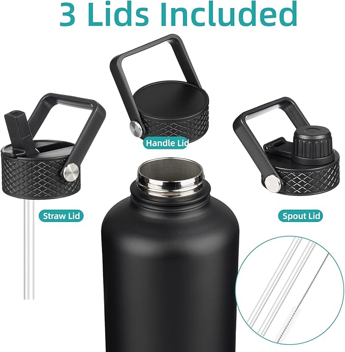 Half Gallon Insulated Water Bottle with Straw,64 oz 3 Lids Water Jug with Carrying Bag,Paracord Handle,Double Wall Vacuum Stainless Steel Metal Flask,Black