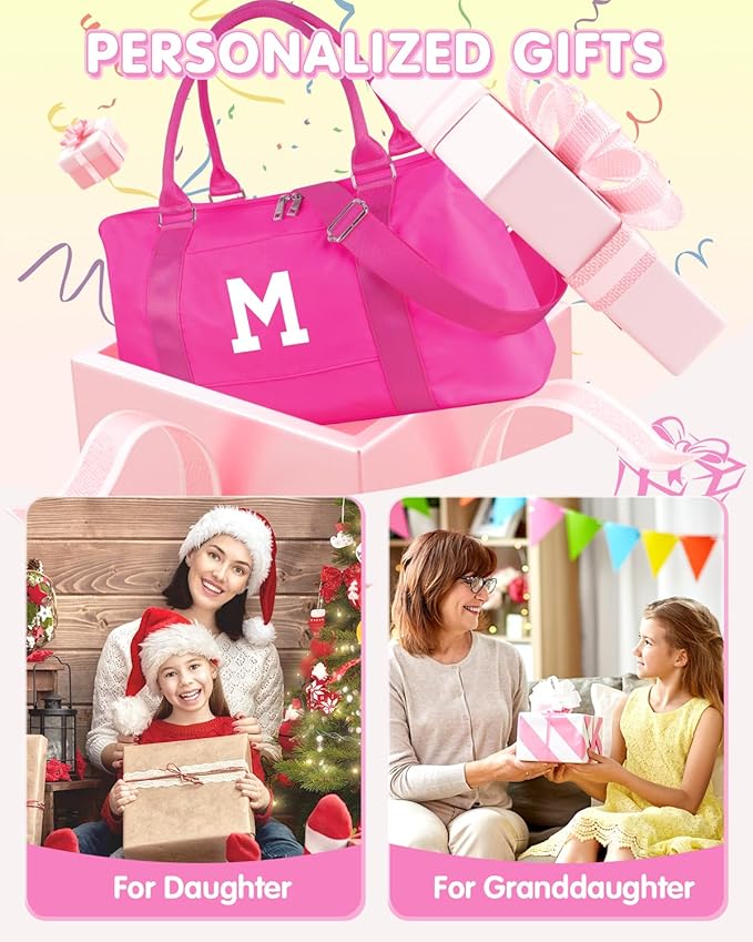 Overnight Bag for Kids Teen Girls Weekender Dance Bag Birthday Graduation Gifts,Initial Travel Duffel Bag Sports Gym Bag Personalized Weekender Bag Carry On Bags Preppy Gifts for Women(Hot Pink, M)