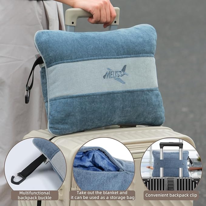 Melissa Large Travel Blanket and Inflatable Pillow Set - 69“ x 43.3” – Soft Blanket with Carry Bag – Lightweight, Compact & Washable for Backpacking, Hiking, Airplane, Car, Office, Camping (Blue)