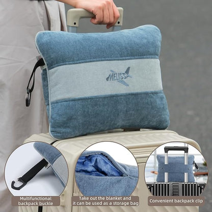 Melissa Large Travel Blanket and Inflatable Pillow Set - 69“ x 43.3” – Soft Blanket with Carry Bag – Lightweight, Compact & Washable for Backpacking, Hiking, Airplane, Car, Office, Camping (Blue)