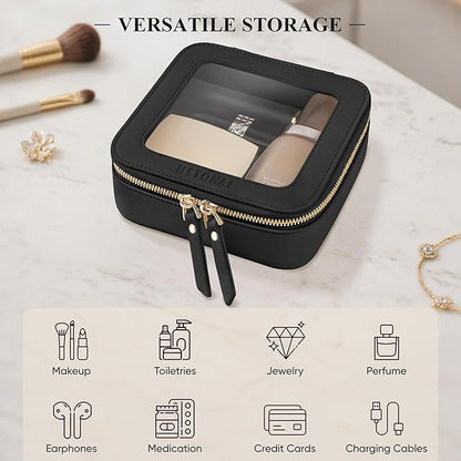 Clear Makeup Bag, Travel Toiletry Bag Cosmetic Case for Women, Waterproof Portable Small Make Up Skincare Pouch with Zipper, Compact Car Organizer Bag for Essentials, Mini Size, Black