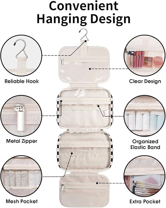 Narwey Travel Toiletry Bag for Women Large Hanging Makeup Bag Organizer Toiletries Bag for Full Size Essentials Accessories Cosmetics (Black Checkerboard (Large))