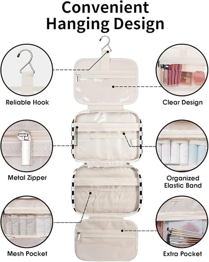 Narwey Travel Toiletry Bag for Women Large Hanging Makeup Bag Organizer Toiletries Bag for Full Size Essentials Accessories Cosmetics (Black Checkerboard (Large))