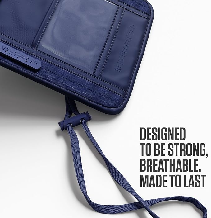 VENTURE 4TH Neck Wallet, RFID Blocking Passport Holder for Travel – Hidden Neck Pouch with 5 Compartments, Slim Lightweight Organizer with Adjustable Strap for Cash, Cards & Passport (Sleek Navy Blue)