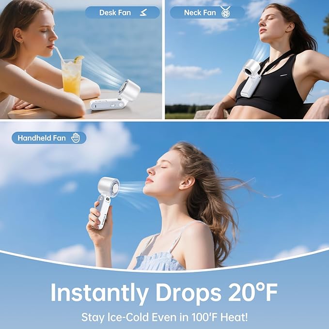 Handheld Portable Fan with Ice Cooler: 100-Speed 5500mAh Rechargeable Handheld Fan, 12H Time Hand Cooling Personal Fans with 20000 RPM Air Turbo Tech for Travel Outdoor (White)