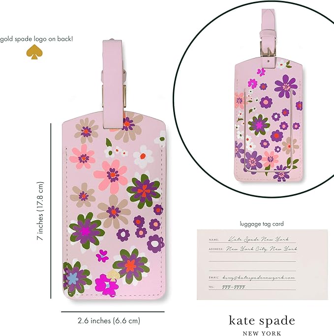 Kate Spade New York Vegan Leather Luggage Tag for Women, Pink/Purple Durable Suitcase ID Tag, Pacific Petals