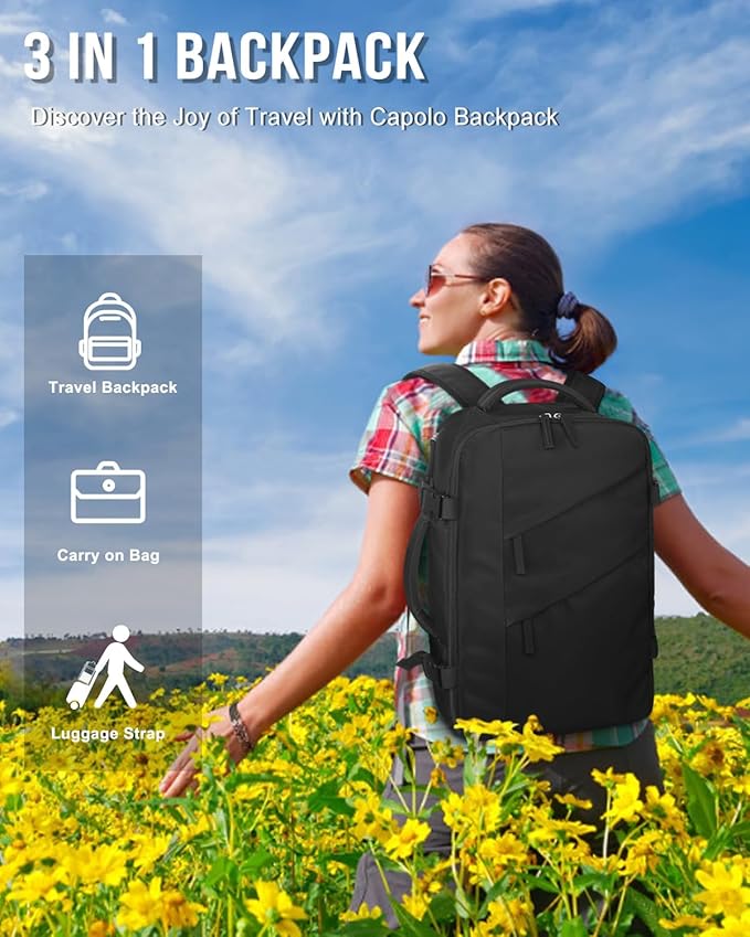 Capolo Travel Backpack for Women Men Waterproof Laptop Backpack Flight Approved Personal Item Backpack Overnight Weekender Bag College Bookbag for Business, Work, Traveling Fits 15.6 '' Laptop,Black