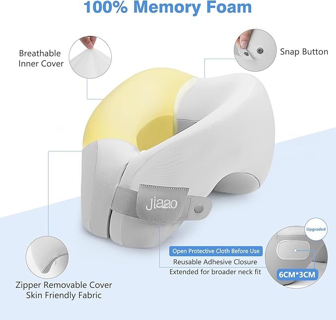jiaao Neck Pillow Airplane, Memory Foam Travel Neck Pillows for Long Flight, 3D Eye Masks, Ear Plugs and Portable Drawstring Bag, Napping Pillow for Home, Road Trips, Sleep Rest and Travel Use