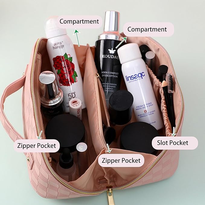 Cosmetic Bag,Travel Makeup Bag, Large Capacity Cosmetic Bags for Women, Waterproof Portable Open Flat Toiletry Bags,Makeup Organizer Bag with Divider and Handle, Pink Cosmetic Pouch Gifts for Women