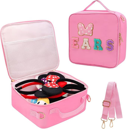 Chenille Letter Bow Mouse Ears Travel Case, Park Ears Headband Holder Hair Accessories Organizer Waterproof Bag for Girls Women Kids Adults, Large Makeup Bag Snack Bags with Zipper for Travel Picnic