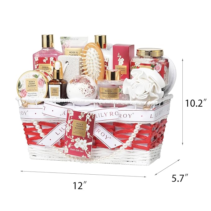 Christmas Gifts for Women - 19-Piece Luxury Rose & Cherry Blossom Spa Gift Basket Set Bath and Body Gift Sets Care Kit with Necklace | Valentine's Day, Mothers Day Gifts Baskets for Mom, Wife