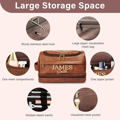 Personalized Toiletry Bag for Men Him, Gifts for Men, Custom Leather Travel Bag Shave Kit, Engraved Pattern Text, Ideal Christmas Gift for Dad, Birthday, Boyfriend, Anniversary, Husband, Son