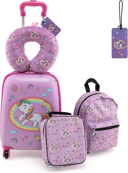 Goplus 5 Piece Kid’s Luggage Set, 16” Carry on Suitcase w/13” Backpack, Neck Pillow, Hardside Spinner Toddler Luggage, Travel Rolling Suitcase for Boys Girls Gifts (Pink, Unicorn)