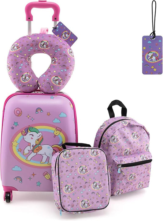 Goplus 5 Piece Kid’s Luggage Set, 16” Carry on Suitcase w/13” Backpack, Neck Pillow, Hardside Spinner Toddler Luggage, Travel Rolling Suitcase for Boys Girls Gifts (Pink, Unicorn)