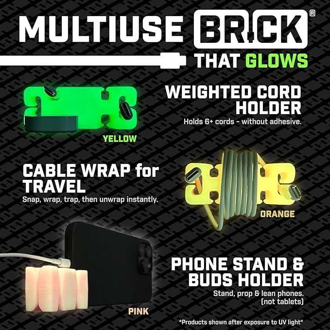 GlowBrick Stocking Stuffers for Adults Cord Management Weighted Cord Holder Cable Wrap Phone Stand - Glow-in-The-Dark Gadget Organizer for Nightstand. Gift for Men, Silicone. 4pk Pink Glow