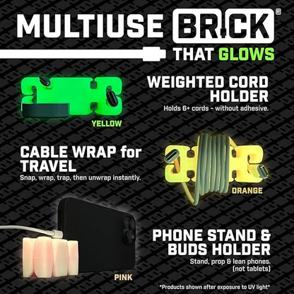 GlowBrick Stocking Stuffers for Adults Cord Management Weighted Cord Holder Cable Wrap Phone Stand - Glow-in-The-Dark Gadget Organizer for Nightstand. Gift for Men, Silicone. 4pk Pink Glow