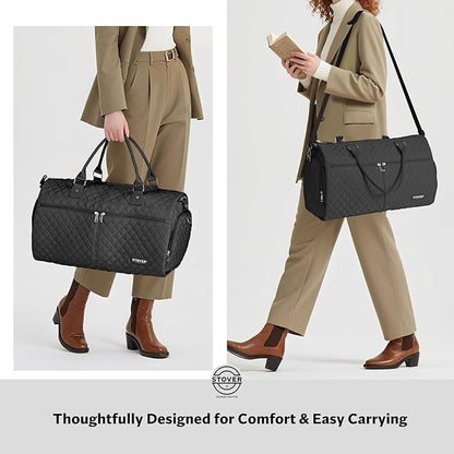 STOVER Women’s Convertible Garment Duffel Bag for Travel – 2-in-1 Carry-On Weekender/Overnight Tote - Wrinkle-Free Dresses, Hanging Suits & Clothes Plus Shoe Compartment & Bonus Toiletry Bag (Black)