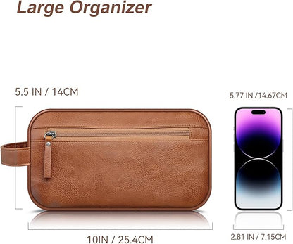 Travel Toiletry Bag for Men and Women, Travel Shaving Dopp Kit Water-resistant Bathroom Toiletries Organizer PU Leather Cosmetic Bags (Dark Brown)