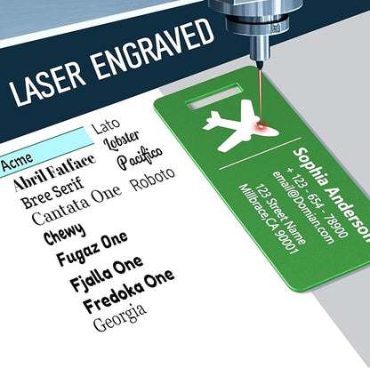 4 Personalized Metal Luggage Tags, Laser Engrave Name and Logo, Custom Aluminum Suitcase Tags with Steel Ring, for Travel, Backpack, Baggage (Green)