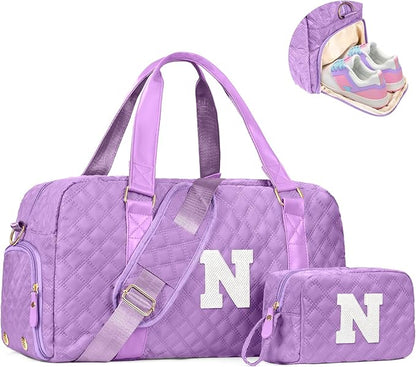 Initial Travel Duffle Bag Women Girls Gift: Personalized Weekender bags, Dance Cheer bag Sports for Girl, Kid Gymnastics Bags, Birthday Gifts for Women Girls Kids Teens Mom Teacher