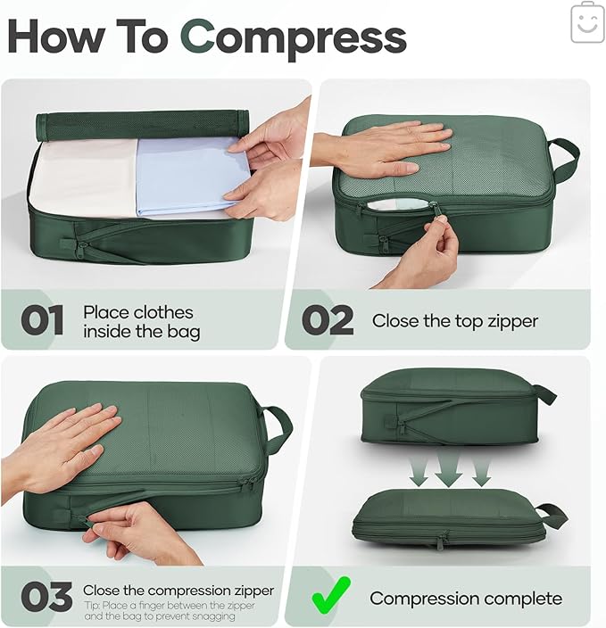 Veken 9/11 Set Compression Packing Cubes for Travel Essentials,Compressible Expandable Large Luggage Suitcase Organizer Bags for Clothing,Durable Space Saver Storage Bags(Dark Green)