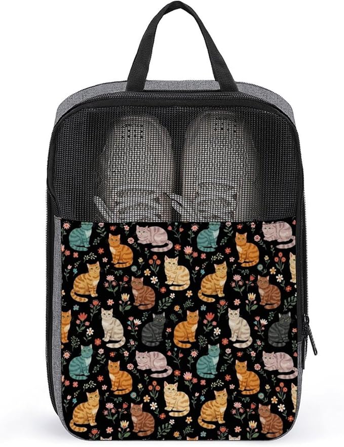 Travel Shoe Organizer with Zipper Closure Portable Shoe Packing Storage Bag Sport Sneaker Bags (Cats And Flowers)