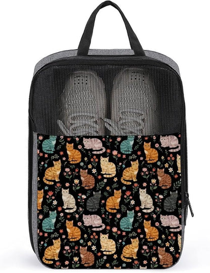 Travel Shoe Organizer with Zipper Closure Portable Shoe Packing Storage Bag Sport Sneaker Bags (Cats And Flowers)